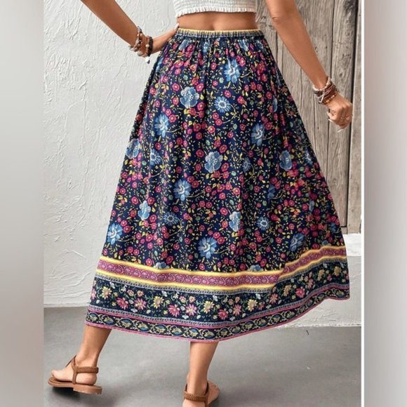 Blue Boho Floral Print Skirt - Picture 3 of 6